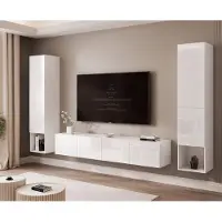 Idohome Hängende Wohnwand ANGEL LINE II mit LED-Beleuchtung, TV-Wand, Wohnzimmermöbel – Weiß Hochglanz