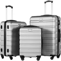 Coolife Hartschalenkoffer Trolley Rollkoffer Kofferset Handgepäck mit TSA-Schloss und 4 Rollen Helles Silber 3-teilig