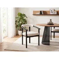 WFL GROUP 6er Set Esszimmerstuhl Kiro Weiß Boucle, Polsterstuhl mit schwarzem Buchenholzgestell – Mit Armlehnen, Essstuhl für Esszimmer und Wohnzimmer – Breite 56 cm, Sitzhöhe 49 cm, Poland
