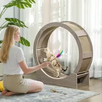 Sweiko Katzenlaufrad, Laufrad für Katzen, 91 cm, mit Bremse, Kratzmatte, Katzenrad für gesunde Bewegung, Walnuss