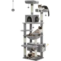 StarTech.com Katzenkratzbaum 184 cm - XL Kletterbaum Turm - Mehrstöckig - Kratzsäulen - Hängematte - Katzenhöhle - Liegeplattform Oben - Grau