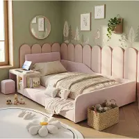 OKWISH Polsterbett 90×200 mit integriertem Schreibtisch und Hocker, Kinderbett mit Stauraum, Boxspringbett in Rosa,ohne Matratze