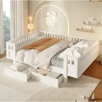 STILVORA Plattformbett 140x200cm mit hohem Schutzgitter, Kinderbett mit 2 großen Schubladen, Funktionsbett mit Stauraum, Weiß