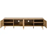 OKWISH TV-Lowboard mit 4 Türen und Kabeldurchführung, Fernsehschrank im Zaun-Design,TV-Schrank mit großzügigem Stauraum, Natur