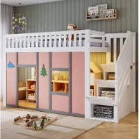 STILVORA Kinder Hochbett 90x200cm mit Stauraumtreppe und LED-Beleuchtung, Halbhochbett mit Spielbereich und Rausfallschutz, Kinderbett mit Deko-Motiven