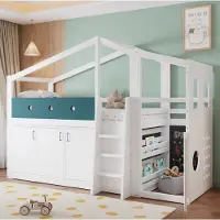 OKWISH Hochbett 90×200 mit Stauraumschrank und Spielbereich, Jugendbett mit Sicherheitsgeländer, Hausbett in Weiß, ohne Matratze