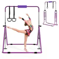 SucceBuy Gymnastikstange fš¹r Kinder mit 63,5 kg Belastbarkeit, Klappbares Turnreck mit Turnringen, H?henverstellbare Turnstange fš¹r Indoor- und Outdoor-š¹bungen, Heimtrainingsger?t fš¹r Kinder, Lila