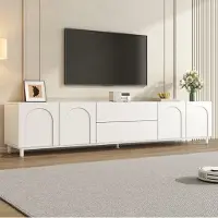 OKWISH Weiß Lowboard Viertüriges Design, TV-Schrank mit zwei Schubladen, Fernsehbank Stahlrohr-Füße,Für Wohnzimmer
