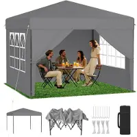 LZQ Pop-Up Pavillon 3x3 m mit One-Touch Lift, 3-Fach Höhenverstellung 240-260cm, Silbergrau, mit 4 Seitenwänden