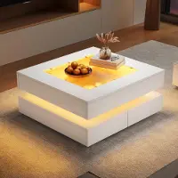Great han Weißer Couchtisch 70x70x35 cm mit 3 Schubladen LED gehärteter Glasplatte & Hochglanz