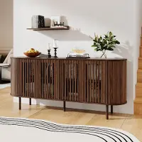 MODFU Sideboard mit Rattan-Optik,160 x 40 x 70 cm,Buffetschrank mit 4 Schiebetüren,Beistellschrank mit Metallbeine,Wohnzimmerschrank Walnuss,Aufbewahrungsschrank