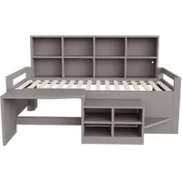 STILVORA Kinderbett 90x200 cm mit Schreibtisch, Stauraum und Steckdosen, Einzelbett mit LED-Lichtleiste und Ablagefächern, Jugendbett Grau,Massivholz