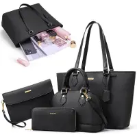 MODFU 4 tlg Umhängetasche Schultertasche mit Reißverschlüsse Shopper Tasche ,Handtasche Groß Schultertasche Kunstleder, Schwarz