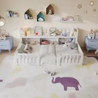 UnboxG Kinderbett 90x200 cm aus Massivholz , Montessori Bodenbett mit Bücherregal, Sicherheitsgeländer und Lattenrost, Weiß