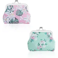 Markenlos 2 Mini-Geldbörsen aus Kunstleder für Frauen, Münzbörsen mit Kiss-Lock-Verschluss und Blumenmuster, kleine Täschchen für Bargeld und Münzen (Stil 1)