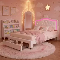 UnboxG Kinderbett 140x200 cm Weiß – Prinzessinnenbett aus Kunstleder mit LED-Kopfteil, Roll-Schublade und Lattenrost, Jugendbett für Mädchen