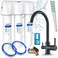 ARI 3-Wege-Küchenarmatur Linko, Schwarz Matt, Spültischarmatur Im Set Mit Aquaphor Wasserfiltersystem, Untertischanlage, 360° Schwenkbar