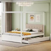 Merax Himmelbett 140x200cm mit 2 großen Schubladen, Kinderbett mit gepolsterter Rückenlehne, Doppelbett Zeltbett mit Stauraum, Weiß