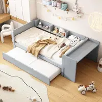 Ulife Multifunktionales Kinderbett mit Schreibtisch, Regal und ausziehbarem Gästebett - Platzsparend und robust, geeignet Matratze,in Grau 90x200 cm