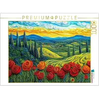 CALVENDO Puzzle Quilling Papierkunst Toskana Landschaft mit Zypressen Getreidefeldern und Mohnblumen | 1000 Teile Lege-Größe 64 × 48 cm Foto-Puzzle für glückliche Stunden