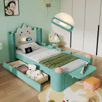 Ulife Kinder Polsterbett, Einzelbett, Wolkenbett mit LED-Leselampe und USB-Anschluss, Stauraum-Schublade links/rechts montierbar,Hocker, klappbare Ablage, Fallschutz, Samtbezug, Blaugrün, 90x200 cm