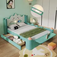 Ulife Kinder Polsterbett, Einzelbett, Wolkenbett mit LED-Leselampe und USB-Anschluss, Stauraum-Schublade links/rechts montierbar, Hocker, klappbare Ablage, Fallschutz, Samtbezug, Blaugrün, 140x200 cm
