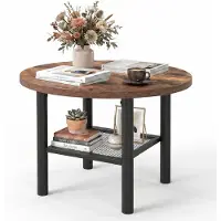 Costway Couchtisch rund, Wohnzimmertisch, Beistelltisch，Robuster Metallrahmen, Regalböden aus Metallgitter, moderner Kaffeetisch, Rustikalbraun