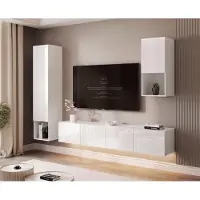 Idohome Hängende Wohnwand ANGEL LINE III mit LED-Beleuchtung Weiß Hochglanz