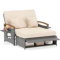 Costway Polyrattan Gartensofa mit Liegefunktion, Sonnenliege mit verstellbarer Rückenlehne, ausklappbarem Seitenablage, Auflage Loungebett Doppelliege