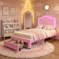 UnboxG Kinderbett 90x200 cm Rosa – Prinzessinnenbett aus Kunstleder mit höhenverstellbarem LED-Kopfteil, Stauraum-Schublade und Lattenrost