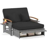 Costway Polyrattan Gartensofa mit Liegefunktion, Sonnenliege mit verstellbarer Rückenlehne, ausklappbarem Seitenablage, Auflage Loungebett Doppelliege