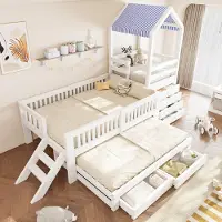 Merax Kinderbett 90x200 cm mit Ausziehbett 90x190, Hausbett mit 4 Schubladen und Treppe, Holzbett mit Stoffdach, Einzelbett aus Massivholz, Weiß
