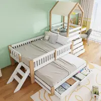 OKWISH Kinderbett 90×200 mit Ausziehbett und 6 Schubladen, Hausbett mit Seitentreppe und Stoffdach,Holzbett in Weiß+Natur,ohne Matratze