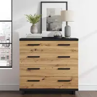 Ravio Kommode Ines 90 cm in Holzoptik & Schwarz – 4 Große Schubladen, Sideboard 32mm Stark, Schubladenkommode Modern Loft