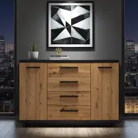 Ravio Sideboard Ines 135 cm in Holzoptik & Schwarz – 2 Türen, 4 Schubladen, Große Kommode 32mm Stark, Loft