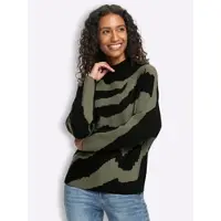 HEINE Strickpullover "Pullover", Damen, Gr. 38, grün (khaki, schwarz, gemustert), 50% Viskose, 25% Polyester, 25% Polyamid, gemustert, Pullover Strickpullover