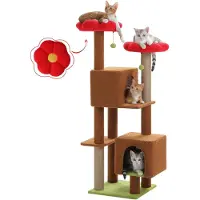 StarTech.com Katzenbaum - Kratzbaum 133 cm, Größe S - 5 Ebenen - Kuschelhöhle - Sisal-Kratzsäulen - Liegeflächen oben - Pompom-Spielzeug - Rot