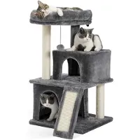 StarTech.com Kratzbaum für Wohnungskatzen - Kletterturm mit 4 Ebenen - 2 Höhlen - Sisal Kratzstämme - Kratzmatte und Spielzeug - 104 cm grau