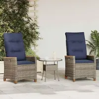 Markenlos Verstellbare Gartenstühle, 2 Stück, in Grau und Marineblau aus Poly-Rattan mit pulverbeschichtetem Stahlrahmen, abnehmbaren Polstern und Armlehnen aus Akazienholz für Balkon, Terrasse und Außenbereich