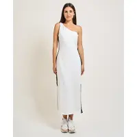 EA7 für Damen. 7W000962_AF12484 Asymmetrisches Kleid aus weißem elastischem Strick (S), Sportlich, Baumwolle, Ärmellos / Hosenträger