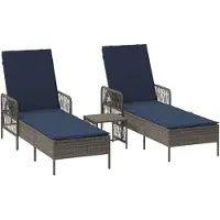 Markenlos 3-teiliges Sonnenliegen-Set mit zwei Gartenliegen und Tisch, Poly-Rattan-Liegen mit verstellbarer Rückenlehne, inklusive Sitzkissen, 200 x 55 x 92 cm, Grau und Marineblau