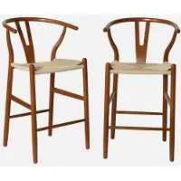 Sweeek - 2er-Set Vintage Barhocker aus Buchenholz mit Seilbespannung - Nussbaumfarben