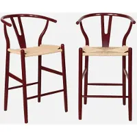 Sweeek - 2er-Set Vintage Barhocker aus Buchenholz mit Seilbespannung - Bordeaux