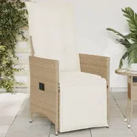 Markenlos Gartenstuhl mit verstellbarer, neigbarer Rückenlehne und Kissen in Beige aus Polyrattan für Garten, Strand, Balkon, Terrasse und Camping, Modell 2