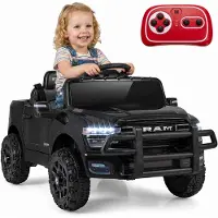 Costway 12V Kinder Elektroauto, Kinderauto RAM mit 2,4G-Fernbedienung, Musik, Hupe, Scheinwerfer, 3-Punkt-Gurt & verriegelbare Türen, für kinder 3+