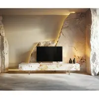 DELIFE Lowboard Cuor 200 cm Keramik Minas Melange Weiß-Beige 1 Klappe 1 Schubfach Fuß Schwebeoptik Acrylglas