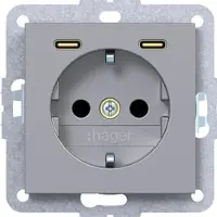 Hager WAS4055TA Steckdose SCHUKO mit USB Typ C 2fach PD, 20W, A.x/C.x, titan met, lackiert