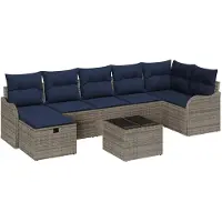 vidaXL Sofa Set mit Kissen Grau und Marineblau Poly-Rattan