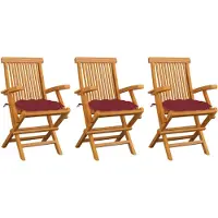 vidaXL Klappstühle mit weinroten Kissen, 3-teilig, Massivholz Teakholz