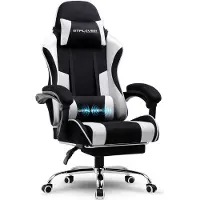 GTPLAYER Gaming Stuhl, Bürostuhl, Ergonomischer Pc Stuhl, Gaming Sessel mit Massagelendenwirbelstütze mit Fußstütze und Kopfstütze, Weiß Stoff